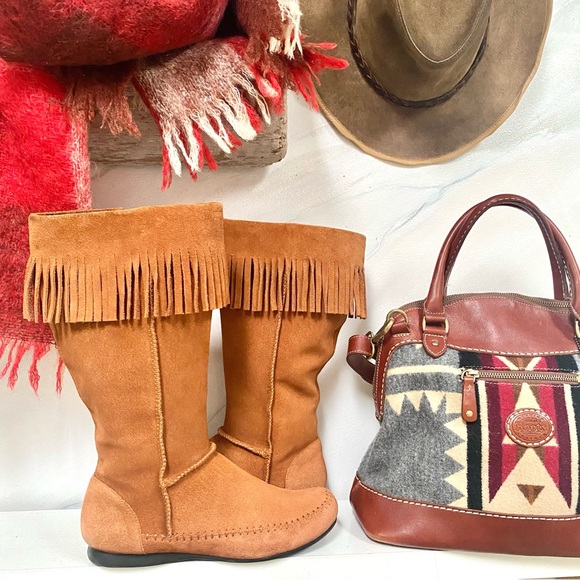 80s/90s Sweet fringe leather suede vintage boho booties hippy/retro/native vibe - Picture 2 of 10